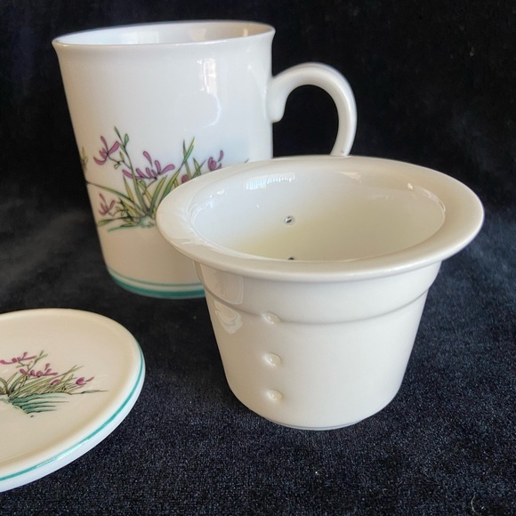 Wanlangtang Ceramics Tea Cup Coffee Mug with Lid Coaster & Strainer w/ Flowers - Picture 5 of 12